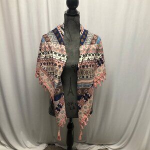 Bohemian Inspired Pink Blue Geometric Patterned Scarf Tassels Square 43x43in